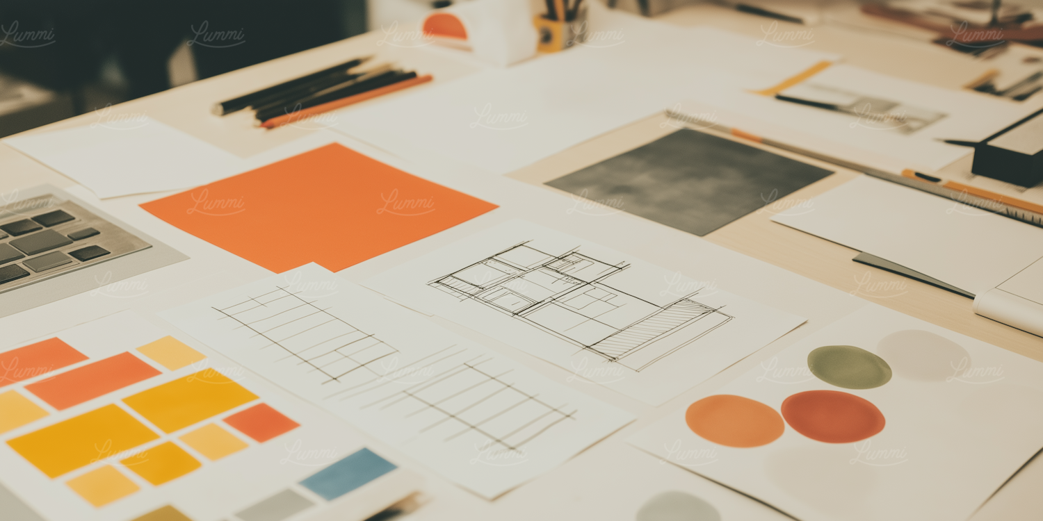 Design sketches and color swatches spread across a designer's workspace