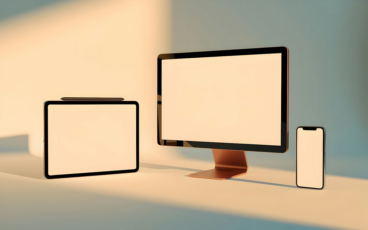 A desktop monitor, tablet and smartphone arranged together on a modern desk